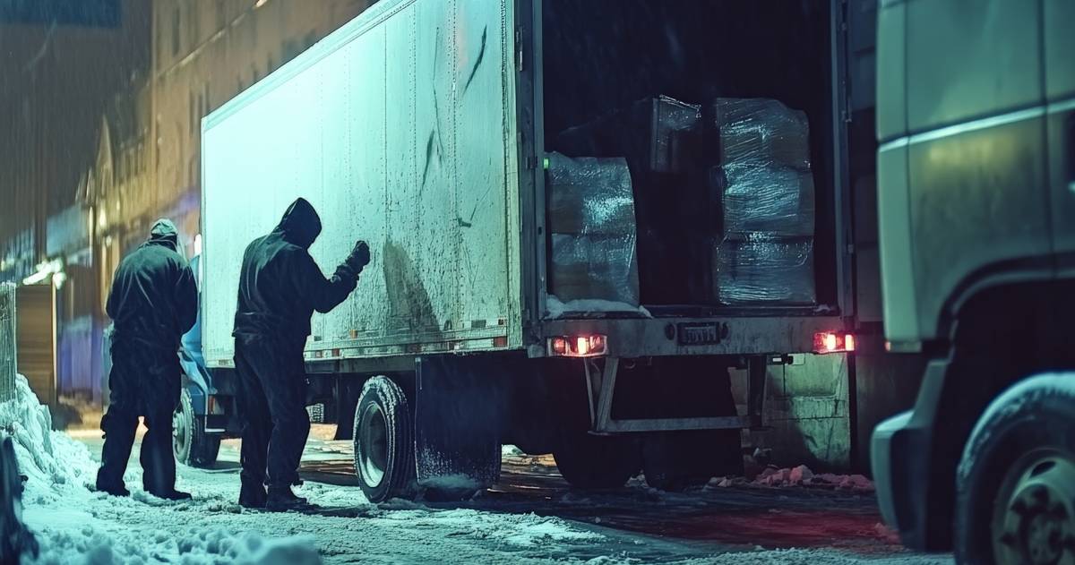 Beveiligingscamera legt beeldmateriaal vast van een gestolen vrachtwagen waravan de lading wordt over geladen