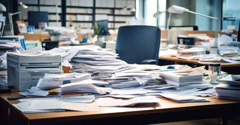 Een bureau vol met stapels papieren door afwezigheid van een werknemer